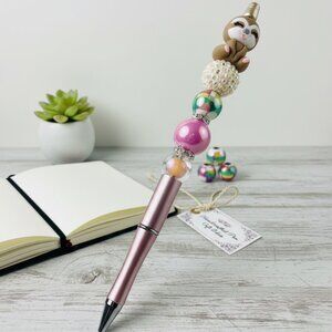 Adorable sloth beaded beadable rose gold pink pen Christmas gifts 7-1/8" tall